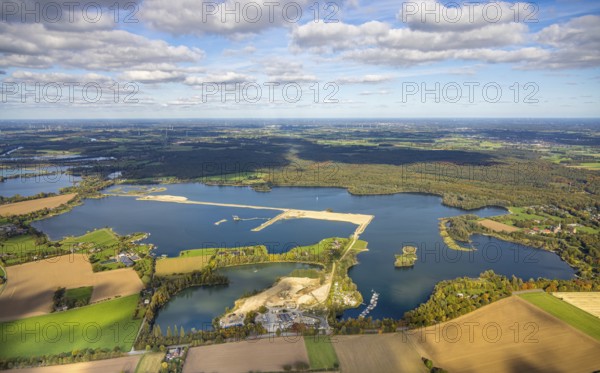 Aerial view, Diersfordter forest lake, dredging lake with gravel mining, blue sky with clouds, Bislich, Wesel, Lower Rhine, North Rhine-Westphalia, Germany, DE, Diersfordt, Europe, aerial photography, aerial photography, lake, overview, birds-eyes view, overview