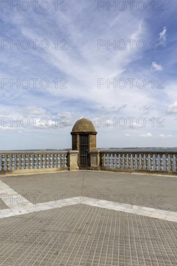 Watchhouse by the sea. The ornamental pond in Genovés Botanic Gardens Cadiz, Andalusia Spain