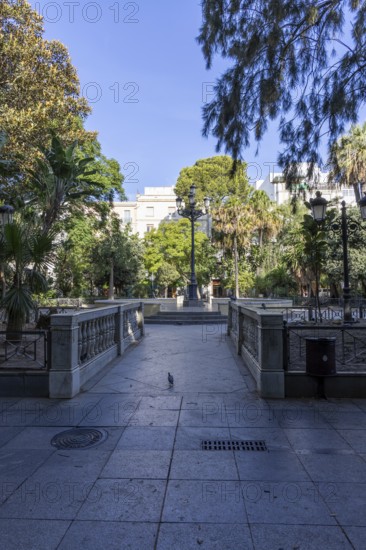 Beautiful natural park, the ornamental pond in Genovés Botanic Gardens Cadiz, Andalusia Spain