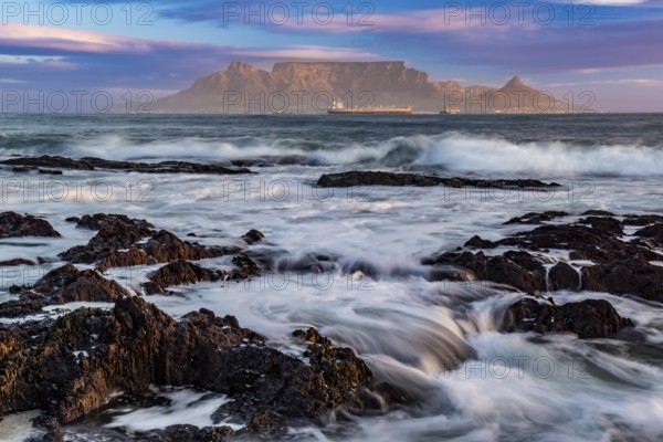 Table Mountain in evening light as seen from Blouberg Beach, Cape Town, Western Cape, Republic of South Africa