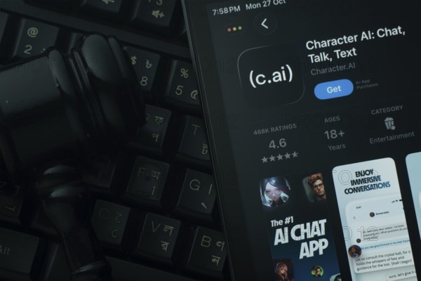 Dhaka, Bangladesh- 28 Oct 2025: An iPad displaying the Chatracter AI app against a judge's gavel and dark keyboard background