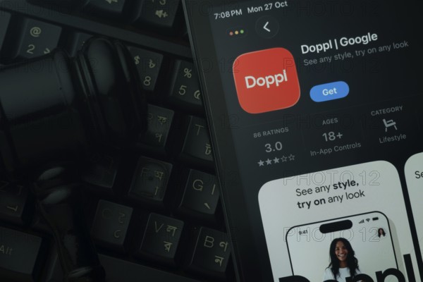 Dhaka, Bangladesh- 28 Oct 2025: An iPad displaying the Doppl app against a judge's gavel and dark keyboard background