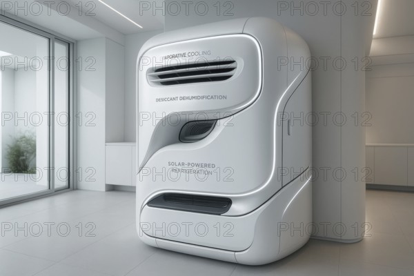 This futuristic appliance uses evaporative cooling and desiccant dehumidification to provide efficient and sustainable climate control, AI generated