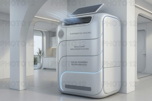 This futuristic appliance uses solar energy for evaporative cooling and dehumidification, promoting sustainable living, AI generated