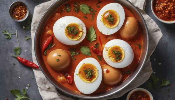 This flavorful egg curry is a popular dish, often served with rice or bread for a complete meal, AI generated