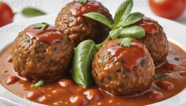 This image showcases a close-up of savory meatballs, perfectly cooked and served with a rich tomato sauce, AI generated