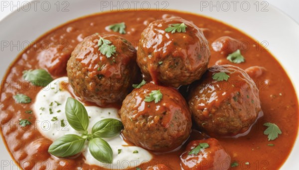 This image showcases a flavorful dish of meatballs in a rich tomato sauce, garnished with fresh basil and a creamy sauce, AI generated