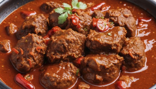 This hearty stew features tender beef chunks simmered in a flavorful tomato-based sauce, perfect for a comforting meal, AI generated