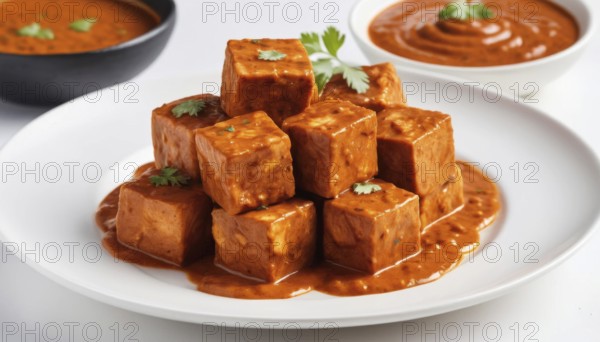 This flavorful paneer butter masala is a popular vegetarian dish in Indian cuisine, served with a rich, creamy sauce, AI generated