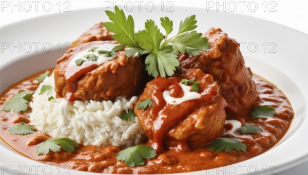 This flavorful Indian dish features tender chicken in a creamy tomato sauce, served with fluffy white rice, AI generated