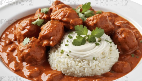 This flavorful Indian dish features tender chicken in a creamy tomato sauce, served with fluffy white rice and fresh cilantro, AI generated