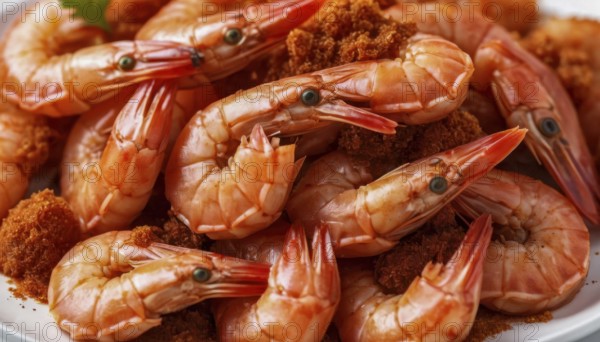 This image shows a close-up of cooked shrimp, a popular seafood dish, ready to be enjoyed, AI generated
