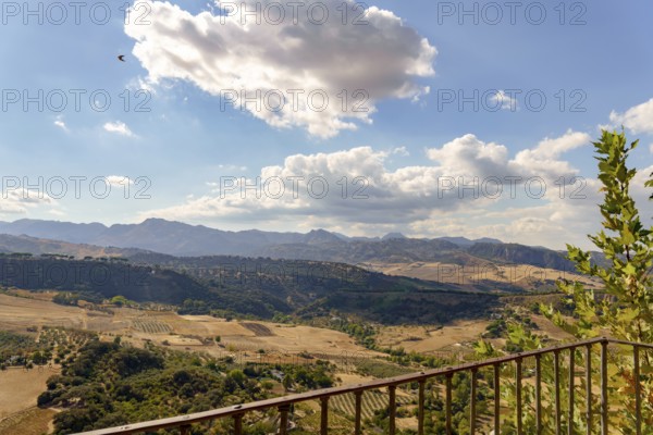 Ronda, malaga, spain Expansive valley landscape in ronda, andalusia, spain, showing hills, cultivated fields, mountains, and a bird flying under a blue sky