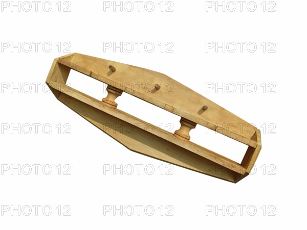 Wooden hanger with shelves on white background