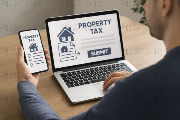 A person is shown using a laptop and smartphone to file and submit their property tax information online, AI generated