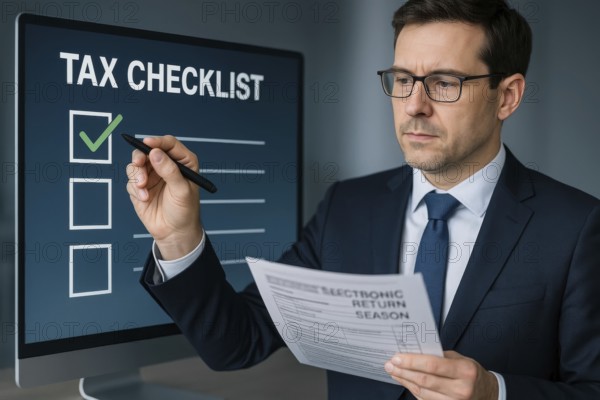 A professional man in a suit reviews a tax checklist, preparing for electronic tax returns, AI generated