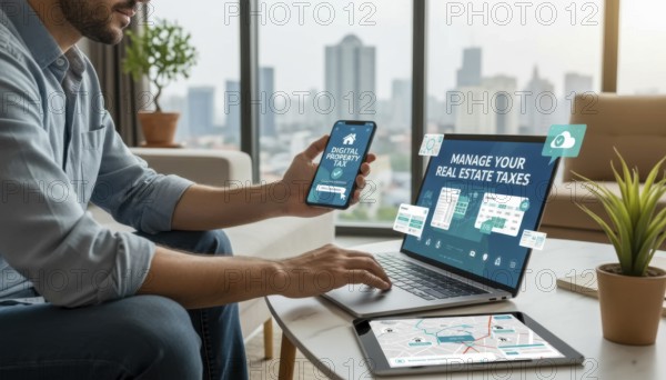 A person is shown using a laptop, tablet, and smartphone to manage their property taxes online, AI generated