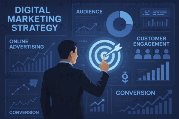 A businessman is shown pointing at a target, representing digital marketing strategy and business goals, AI generated