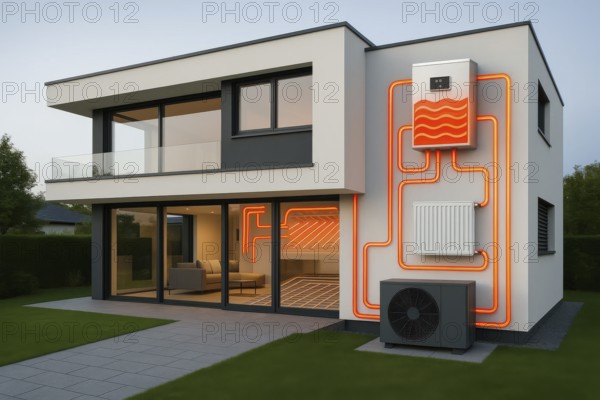 This image showcases a modern home equipped with a heat pump system, promoting sustainable living and energy savings, AI generated