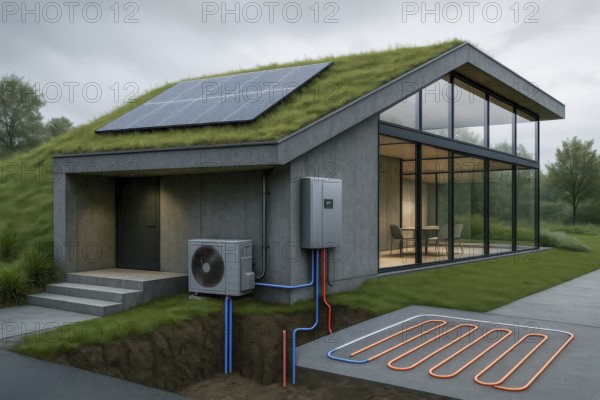 This contemporary home showcases sustainable living with renewable energy and efficient heating systems, AI generated