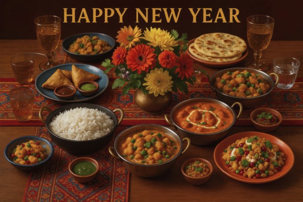 A vibrant table setting showcases an array of traditional Indian cuisine, perfect for a celebratory New Year's gathering, AI generated
