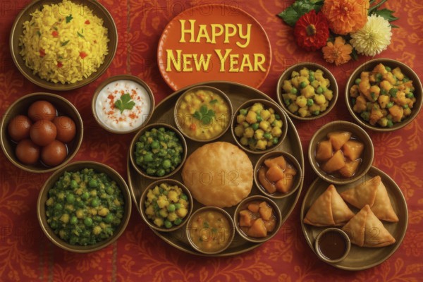 A vibrant and colorful spread of Indian cuisine is presented for a Happy New Year celebration, AI generated