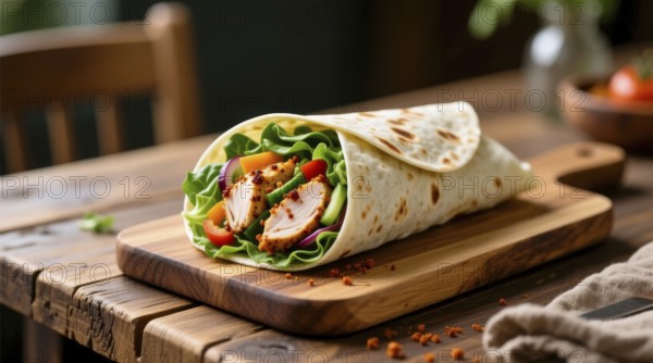 This appetizing wrap features grilled chicken, crisp lettuce, tomatoes, and other fresh ingredients, AI generated