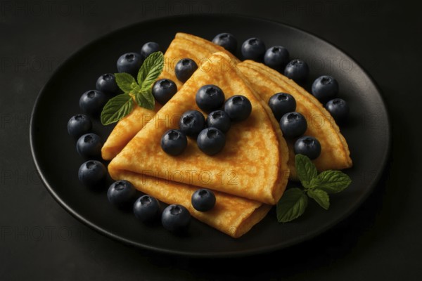 This image showcases a delightful breakfast or dessert featuring golden crepes and juicy blueberries, AI generated