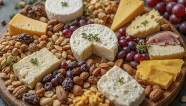 This cheese board features a variety of cheeses, nuts, and grapes, perfect for a party or gathering, AI generated