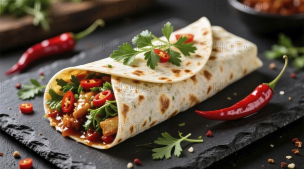This appetizing burrito is filled with savory ingredients and garnished with fresh herbs and spicy chili peppers, AI generated