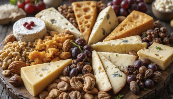 This appetizing cheese board is perfect for a party, gathering, or a special occasion, AI generated