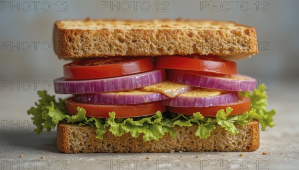 This appetizing sandwich features layers of tomatoes, red onion, lettuce, and cheese between slices of toasted bread, AI generated