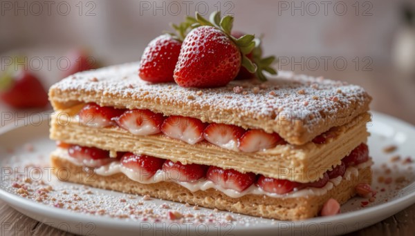 This beautiful dessert features layers of puff pastry, creamy filling, and juicy strawberries, perfect for any occasion, AI generated