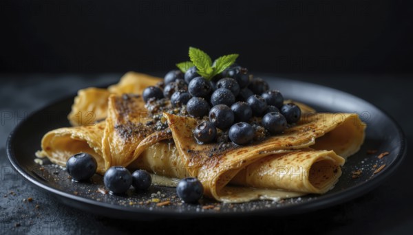 These golden crepes are topped with juicy blueberries and a sprig of mint, perfect for a delightful breakfast or dessert, AI generated