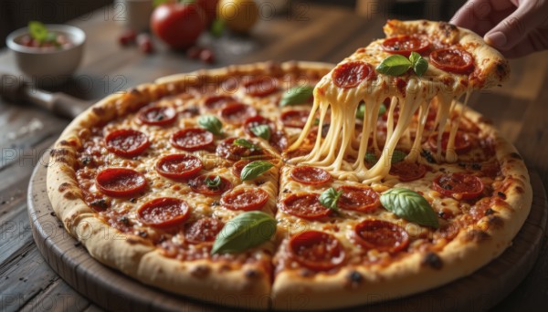 A slice of pizza is being lifted, showcasing the stretchy, melted cheese and inviting flavors, AI generated