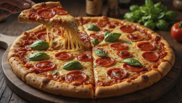 A slice of pizza is being lifted, showcasing the stretchy cheese and inviting textures of the meal, AI generated