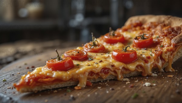 This mouthwatering pizza slice features juicy tomatoes and bubbling cheese, perfect for a quick snack or meal, AI generated