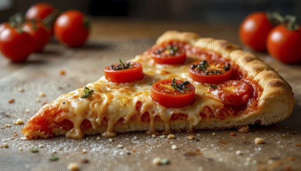 This appetizing pizza slice is topped with juicy tomatoes and herbs, perfect for food and culinary concepts, AI generated