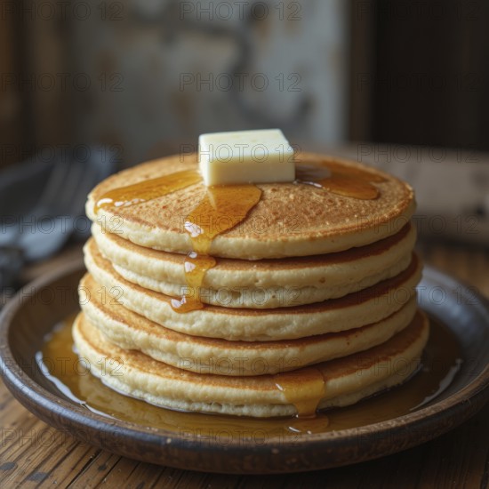 A delicious stack of pancakes is topped with a pat of butter and drizzled with sweet maple syrup, perfect for breakfast, AI generated