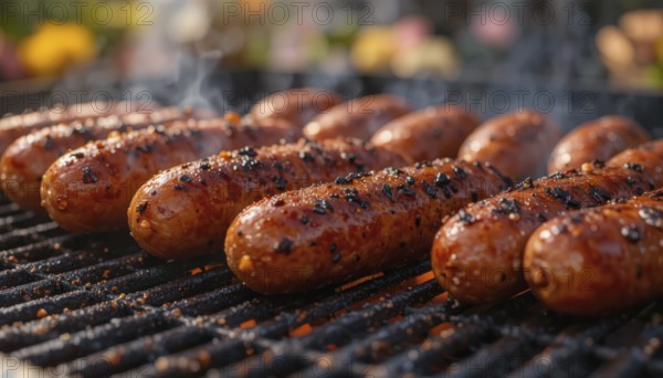 Smoked sausages sizzle on a hot grill, perfect for a backyard barbecue or a summer feast, AI generated