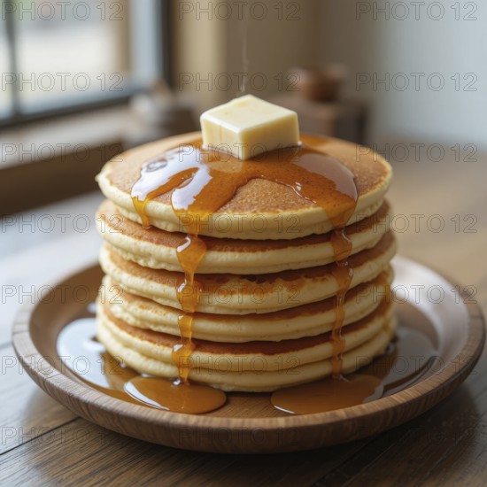 A delicious breakfast of pancakes is drizzled with warm maple syrup and topped with a pat of butter, AI generated