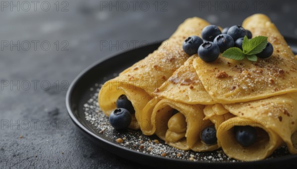 These rolled crepes are a perfect breakfast or dessert option, beautifully presented with fresh fruit and a dusting of powdered sugar, AI generated