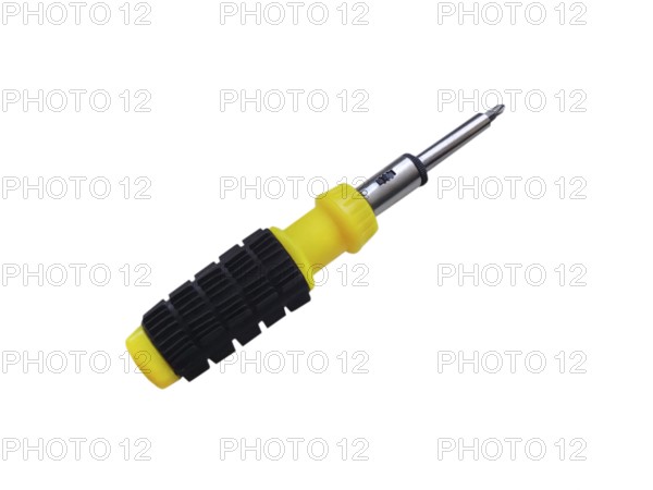Cross-shaped black and yellow screwdriver on a white background