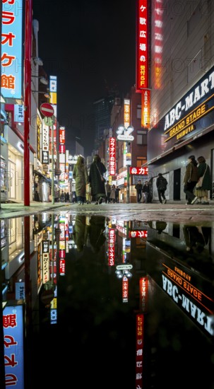 Pedestrian zone with many shopping centers and stores, illuminated with lots of neon signs at night, reflection in a puddle on the ground, Shibuya, Udagawacho, Tokyo, Japan