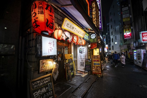 Alley with neon signs, paper lanterns and advertising signs at night, Udagawacho, Shibuya, Tokyo, Japan