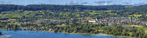 Catholic church of St. Hippolytus and Verena and former Augustinian canons monastery between Schienerberg and Untersee on the Höri peninsula, drone shot, Mammern, Thurgau, Switzerland