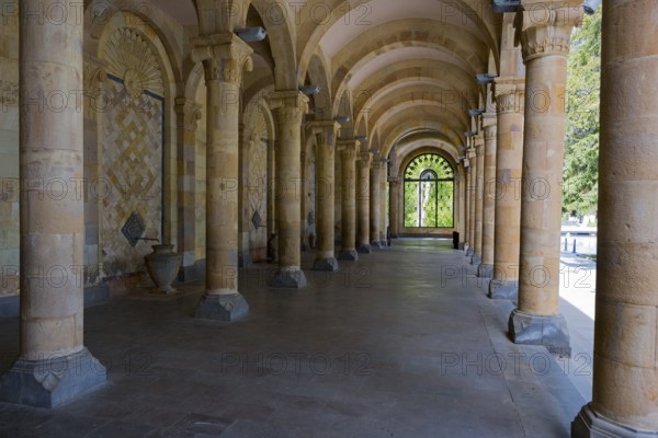 Historic colonnade with symmetrical stone arches in a cool interior, Mineral Water Gallery in Jermuk, Jermuk, Mineral Springs, Vayots Dzor Province, Armenia