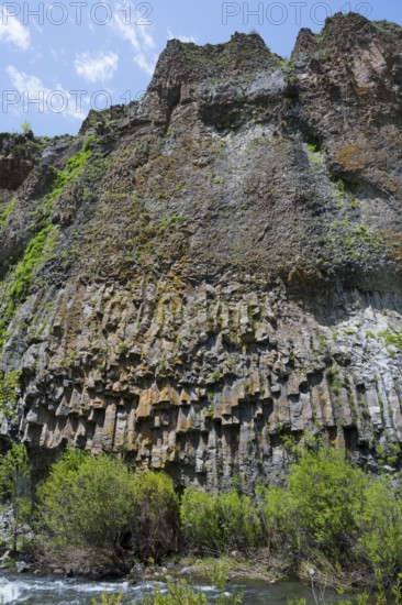 Basalt columns and lush greenery form an impressive cliff landscape on the river under a blue sky, basalt on the Arpa River, Jermuk, Jermuk, Vayots Dzor province, Armenia