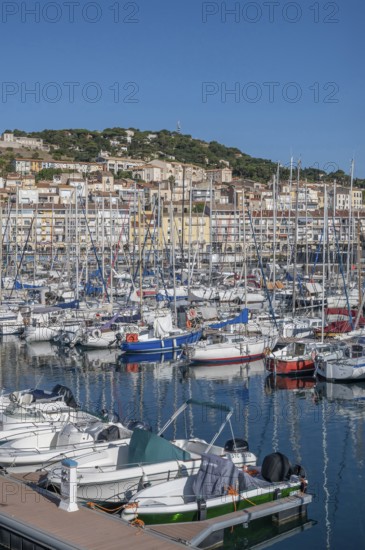 Densely packed sailboats and yachts with numerous masts in the port of Sete, with the densely built old town and Mont Saint-Clair in the background under bright blue skies in Sete, Herault department, Occitanie region, France
