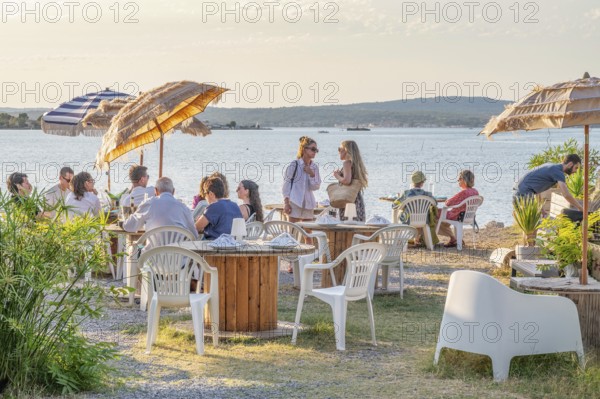 Summer scene on the terrace of the Guinguette A la bonne Franquette with guests sitting at tables under umbrellas and talking, with a view over the Etang de Thau in golden evening sun, Le Barrou district, Sete, Herault department, Occitanie region, France